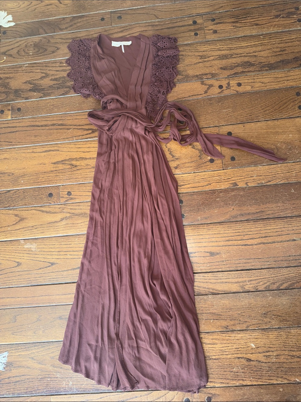 Jen’s Pirate Booty Brown eyelet lace sleeve maxi wrap dress size small